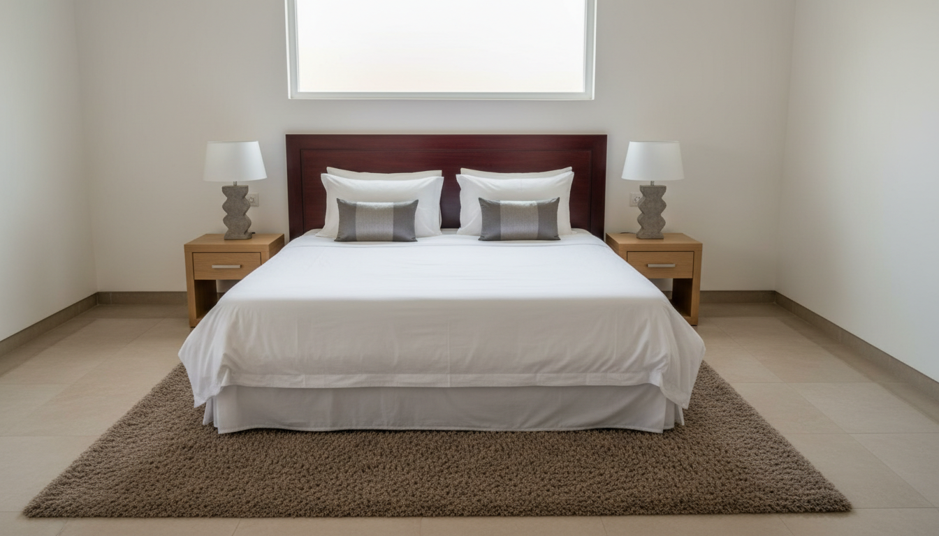 A meticulously made, crisp white king-sized bed with high-thread-count linens, silver-grey accent pillows, and a sleek mahogany headboard is the centerpiece of a spotless, contemporary guest room. The bed is framed by minimalist nightstands with sculpted concrete lamps and sits on a plush taupe area rug over gleaming neutral floor tiles. Gentle morning light streams in from a large frosted window, creating a calm, inviting glow that emphasizes the room’s clean lines and elegant simplicity. Captured at a slightly elevated angle for a balanced, corporate look with sharp focus throughout, the photographic realism and structured composition perfectly mirror the professional hospitality standard of a premium Burkinabé auberge.