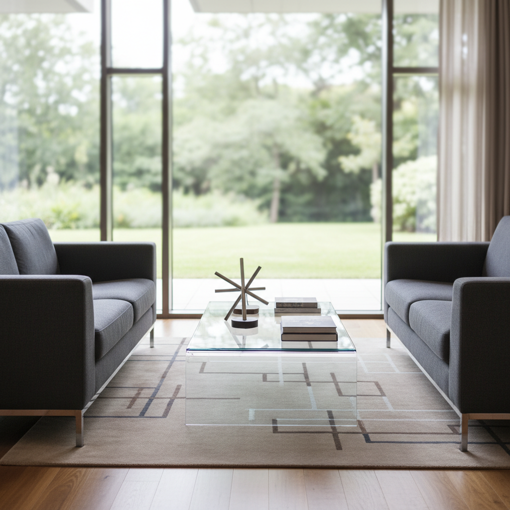 A well-appointed lounge area featuring two angular charcoal-grey sofas with crisp upholstery, a polished glass coffee table at the center, and a geometric-patterned beige rug beneath. Decorative elements such as a minimalist metal sculpture and a neatly stacked selection of books add corporate sophistication. Wall-to-wall windows in the background allow filtered sunlight to fill the room, producing diffused highlights along structured furniture edges. Presented from an off-center perspective using the rule of thirds for a dynamic yet orderly composition, the photographic realism and uncluttered layout project a calm, modern ambiance, perfectly aligning with the high professional standards of the auberge.