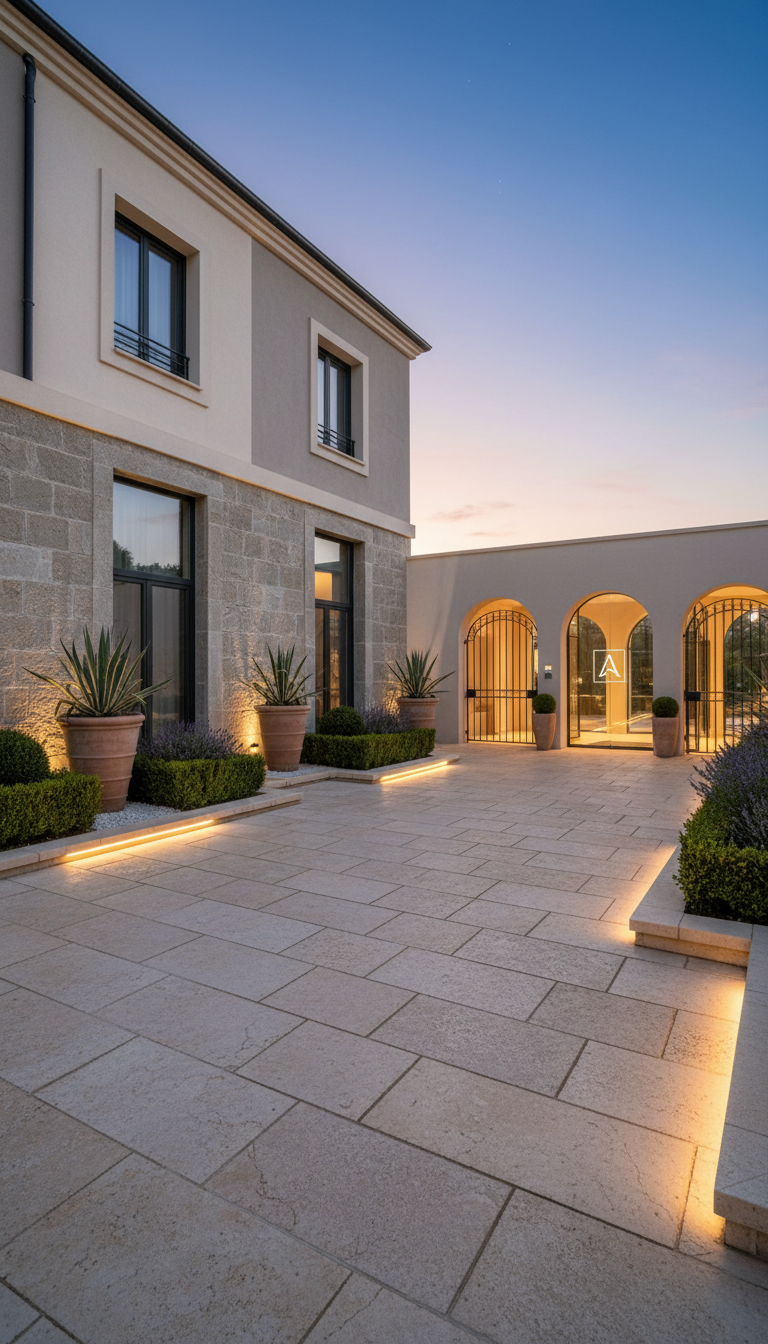 A secure, beautifully landscaped exterior view of the auberge, featuring the structured façade of the main building with understated architectural lines in neutral tones of cream and stone grey. Well-maintained greenery, including neatly trimmed hedges and potted native plants, borders a wide, paved entranceway with subtle ground-level LED lights casting gentle illumination at dusk. The composition is shot from a low angle to emphasize the building’s stature and professional design, with the forecourt leading the viewer’s eye toward the entrance. The mood is welcoming yet assuring, captured in photographic realism and a clean, structured aesthetic ideal for a business-oriented hospitality website.