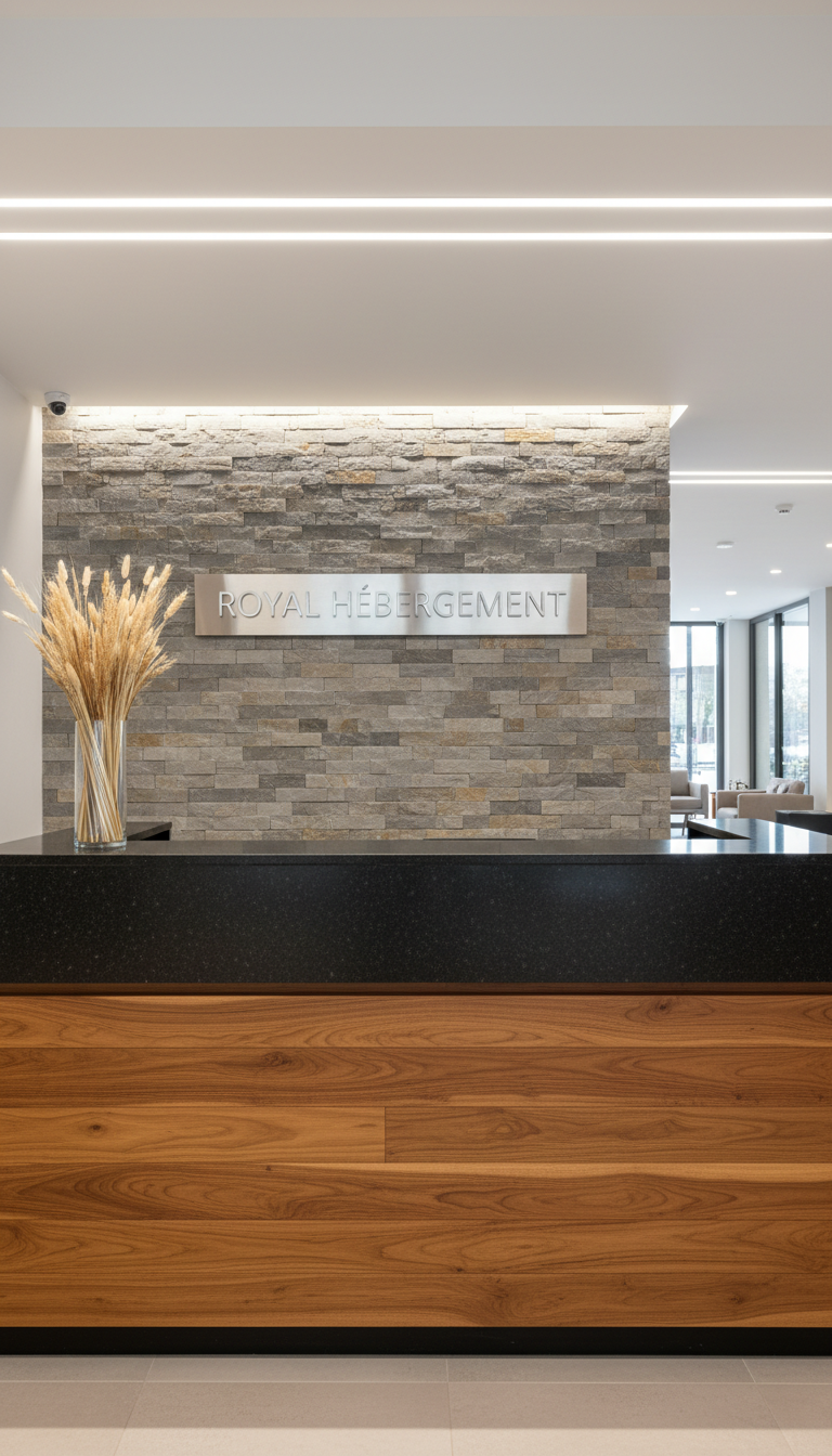 An elegant reception desk made of polished natural wood with a matte granite countertop stands at the entrance of a modern lobby. A decorative vase with local dried grasses sits on one edge, while a branded metallic sign reading 'ROYAL HÉBERGEMENT' is mounted on the textured stone wall behind the desk. The space is lit with cool, soft overhead LED lighting that casts subtle, professional shadows, creating a composed and secure atmosphere. Shot straight-on at eye-level, the image features a clean, balanced composition and neutral color palette, capturing the welcoming and professional character essential to a business-focused auberge setting.